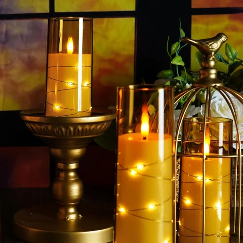 Miniatura 6 de kakoya Velas LED sin llama con temporizador de 5 piezas, velas parpadeantes sin llama para ambiente romántico y decoración del hogar, carcasa dorado