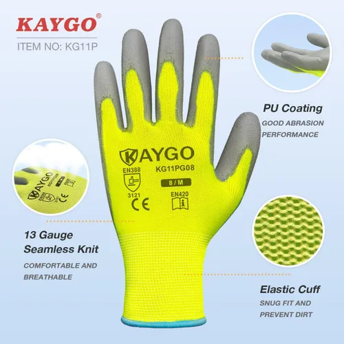 Miniatura 2 de KAYGO KG11PB - Guantes de seguridad con revestimiento delgado de poliuretano, tejido sin costuras, agarre suave en palma y dedos, para trabajo Verde