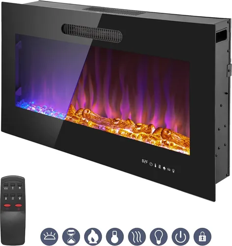 Miniatura 13 de Prominence Home Chimenea eléctrica de diseño delgado LED y chimenea montada en la pared con calentador de 1500 W, opciones de troncos y brasas