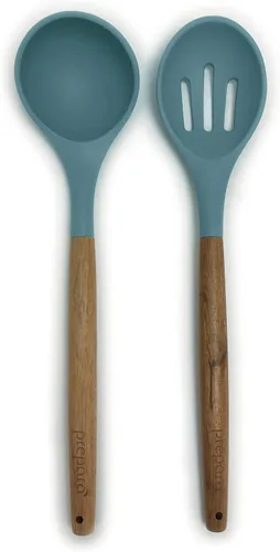 Miniatura 11 de Prepara Juego de 2 cucharones de sopa y cuchara ranurada de acacia y silicona, color verde espuma de mar