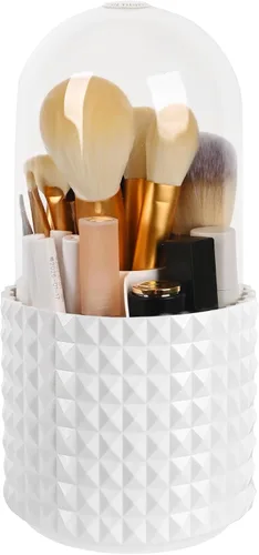 WAFJAMF Organizador de brochas de maquillaje con tapa, organizador giratorio de 360 grados para tocador y baño, 5 ranuras para brochas de Blanco