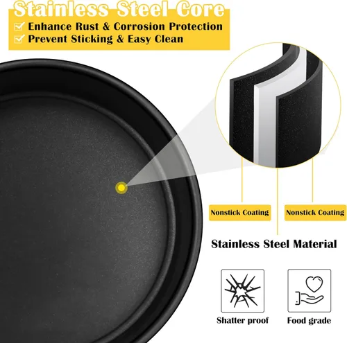 Miniatura 2 de E-far Molde para pasteles de 3 piezas (4/6/8 pulgadas), moldes redondos de acero inoxidable antiadherentes para hornear, moldes de metal