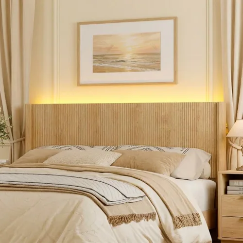 Miniatura 8 de Cabecera tamaño Queen solamente, moderna cabecera acanalada montada en la pared con iluminación, cabecera de cama de madera bohemia elegante Natural