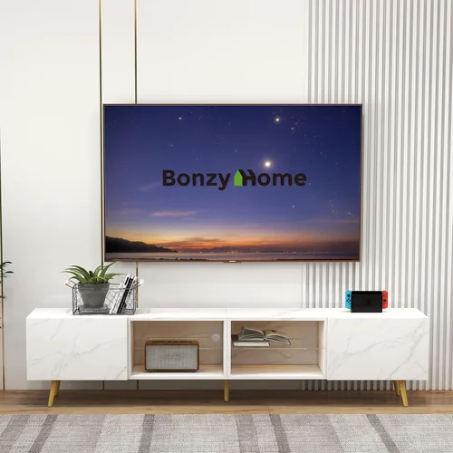 Miniatura 8 de Bonzy Home Soporte de TV de 86 pulgadas, moderno centro de entretenimiento para TV de 75 pulgadas, mesa consola de televisión con gabinetes de Negro