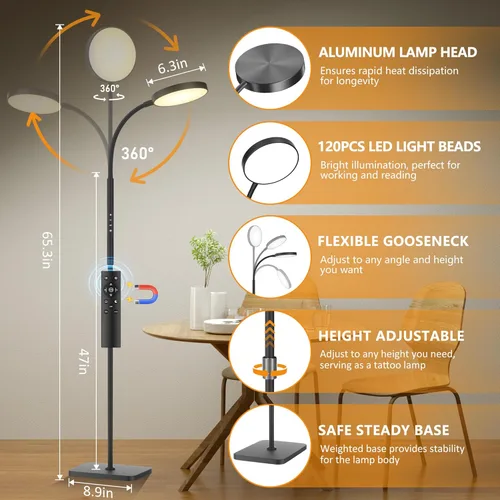 Miniatura 6 de Lámpara de pie PACOVY, lámparas de pie ajustables de altura para sala de estar dormitorio, lámpara de pie regulable de cuello de ganso súper