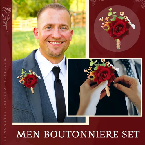 Miniatura 4 de Sherr Juego de 24 boutonniere burdeos para hombre, diseño de rosa para boda, bolsillo con alfileres, para novio, padrinos de boda, ramillete, traje