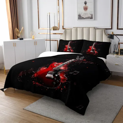 Miniatura 3 de Homewish Colcha de guitarra roja tamaño individual, juego de ropa de cama de música Hip Pop para decoración de habitación de niños y niñas, juego