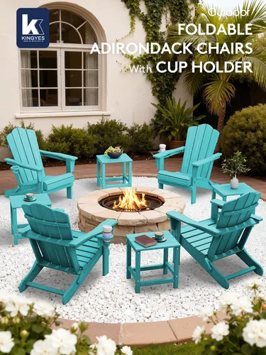 Miniatura 2 de KINGYES Silla plegable Adirondack, sillas de patio HDPE para todo clima, silla de césped con textura de madera para junto a la piscina, patio Aruba