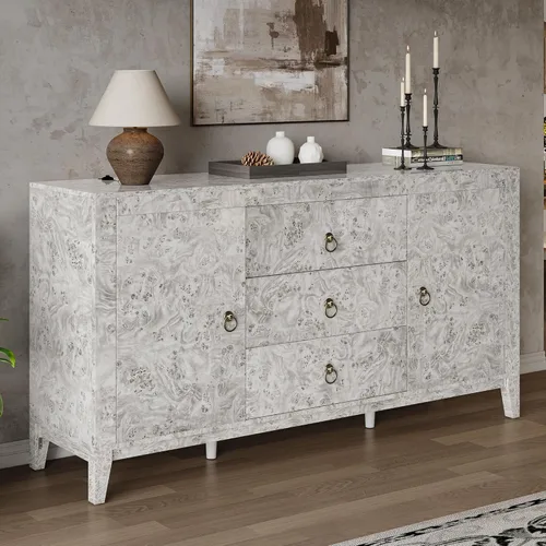 Miniatura 9 de LUXOAK Aparador Buffet de Madera Burl de Alto Brillo de 60'' Mesa Buffet con 3 Cajones y 2 Almacenamientos Cerrados, Aparador Moderno de Mediados