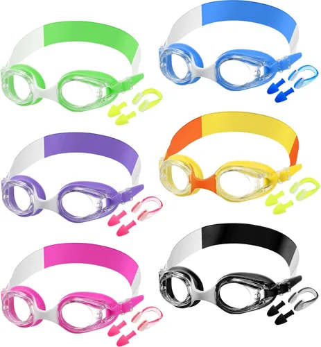 Miniatura 11 de Macarrie 6 gafas de natación para niños, sin fugas, antiniebla, para niños y niñas, con clip para la nariz, tapones para los oídos, de 3 a 14 años