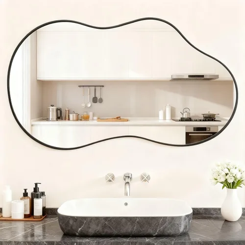 Miniatura 3 de Itrue Espejo asimétrico negro de 20 x 36 pulgadas, espejo de pared irregular, espejo de baño de vidrio templado para sobre el fregadero, sala