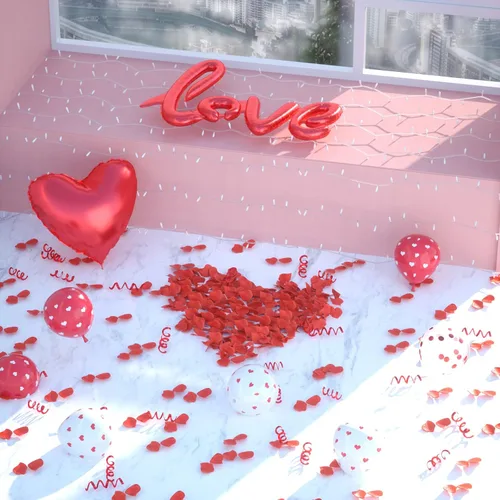 Miniatura 8 de Kit de globos para el día de San Valentín, globos con texto en inglés "I Love You", globos de corazón blanco y rojo, pétalos de rosa para el día