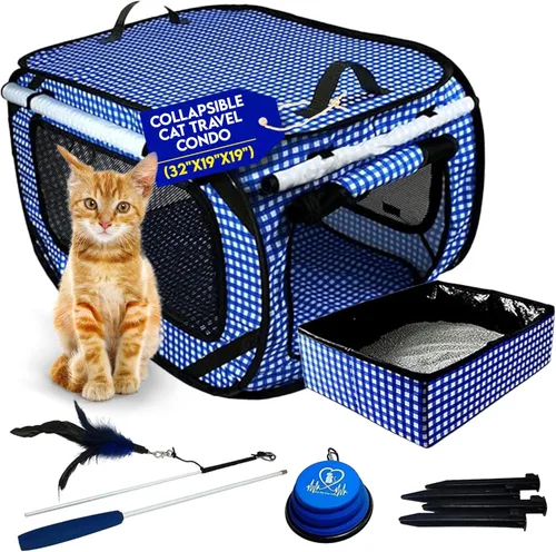Miniatura 9 de Pet Fit For Life Transportador de gatos extra grande para viajes, plegable y portátil, plegable, con caja de arena, juguete de plumas y cuenco