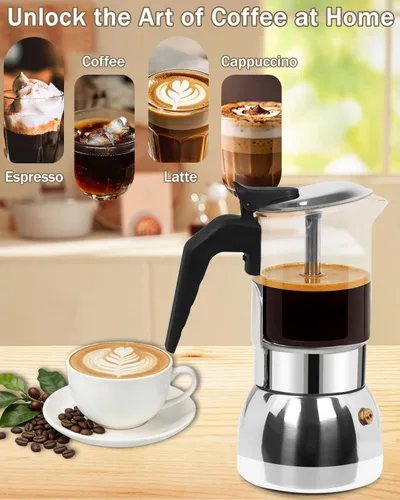 Miniatura 4 de Cafetera para estufa, cafetera de café expreso, fácil de preparar 4 tazas, 6.7 onzas, 6.8 fl oz, vidrio de borosilicato alto, acero inoxidable