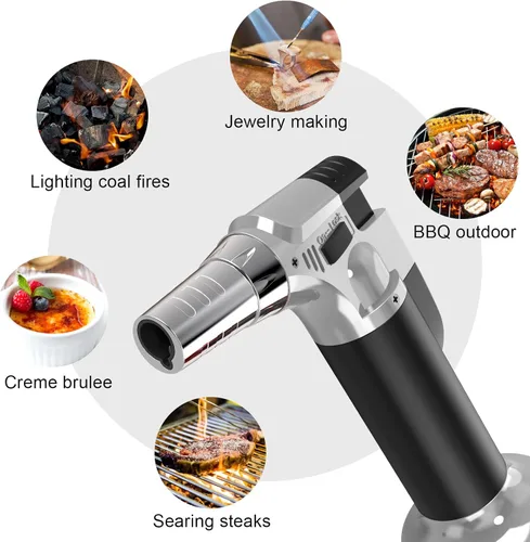 Miniatura 2 de Paquete de 2 sopletes, soplete de butano recargable, soplete de cocina para cocinar con bloqueo de seguridad y llama ajustable para barbacoa, crème