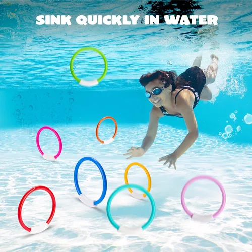Miniatura 2 de JOYIN Anillos de buceo, juguetes de piscina, 8 piezas de anillos de piscina coloridos para niños, entrenamiento subacuático, juguete de buceo