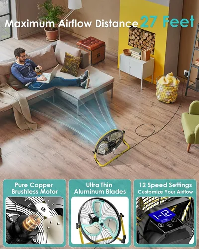 Miniatura 3 de ZHULI Ventilador de piso portátil de 10 pulgadas, ventilador de campamento inalámbrico recargable, motor sin escobillas de alta velocidad, hoja
