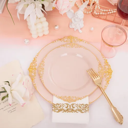 Miniatura 8 de Morejoy 175 platos de plástico rosa, juegos de platos desechables rosa y dorado, incluye 25 platos llanos, 25 platos de postre, 25 juegos de rosa