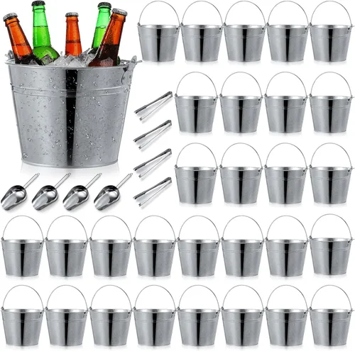 Miniatura 14 de Zopeal Juego de 24 cubos de cerveza galvanizados, 16 cubos de metal con 4 cucharadas y 4 pinzas, cubo de hielo rústico de 7 pulgadas para fiestas