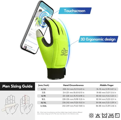 Miniatura 6 de Vgo... Guantes de motosierra, protección de sierra de 12 capas en la parte trasera izquierda/ambas manos, guantes de cuero de vaca, pantalla táctil