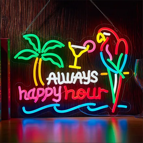 Always Happy Hour Neon Sign for Wall Decor,Parrot Bar LED Light Up Dimmable Signs Compatible with Timer for Pub Party Man Cave Room Restaurant