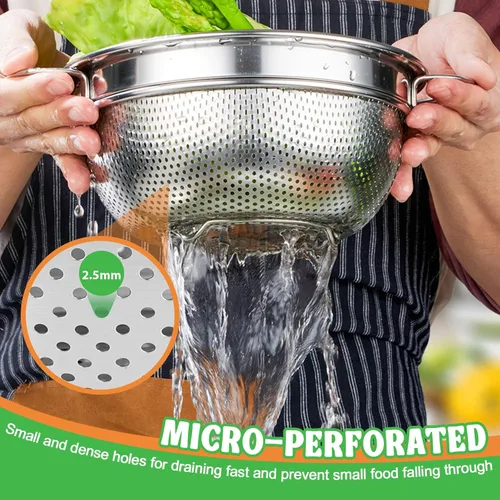 Miniatura 3 de P&P CHEF Colador de acero inoxidable de 3 cuartos de galón, colador de metal microperforado para alimentos de cocina, ideal para enjuagar, lavar