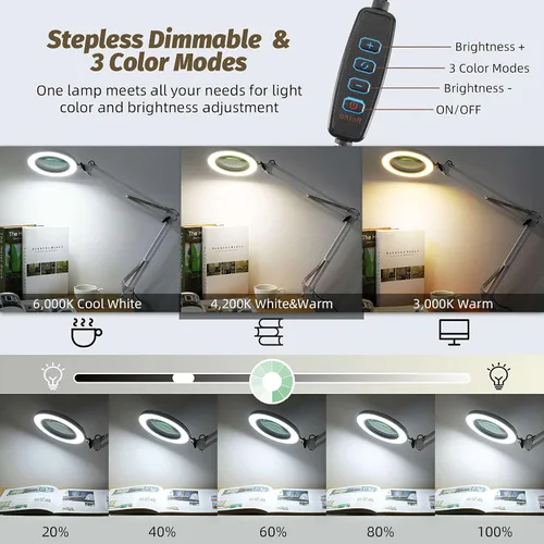 Miniatura 3 de LANCOSC Lupa de cristal real de grado óptico de 10 x 5 pulgadas con luz y soporte, lámpara de escritorio LED de 3 modos de color, regulable y sin