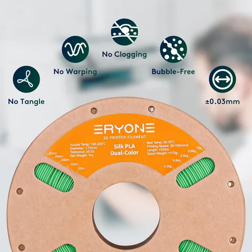 Miniatura 4 de ERYONE Filamento de ácido poliláctico (PLA) de seda bicolor para impresora 3D, de 1.75 mm +/- 0.03 mm, carrete de cartón de 1 kg (2.2 libras)