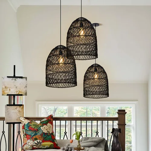 Miniatura 4 de Arturesthome 1 lámpara colgante de mimbre rústico con cesta de ratán bohemio, lámpara costera hecha a mano, pantalla de techo, para comedor, cocina