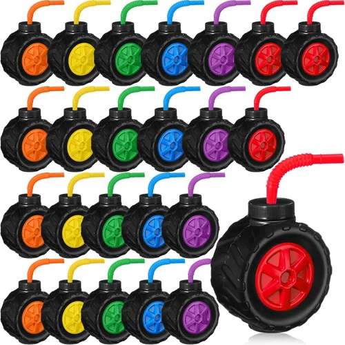 Mifoci Paquete de 24 tazas de camión monstruo para fiestas infantiles, vasos de plástico en forma de neumáticos, construcción de camiones monstruos,