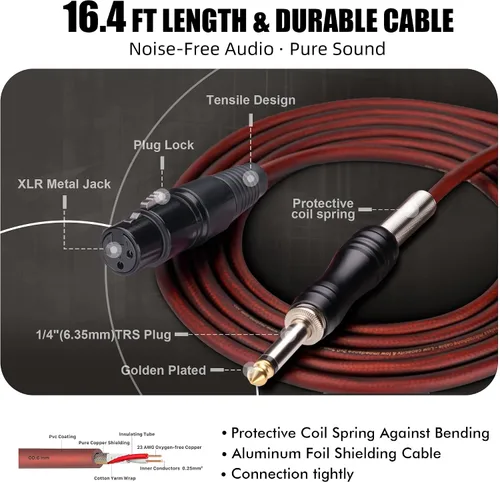 Miniatura 8 de Micrófono Dinámico - Micrófono Vocal Profesional para Cantar - Micrófono de Mano con Cable con Cable de Audio XLR de 16 ft a 1/4" - Micrófono