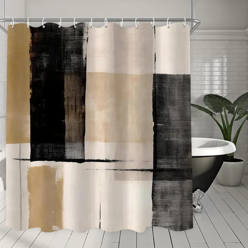 Miniatura 6 de Cortina de ducha negra y beige para baño, juego de cortina de ducha boho blanco, marrón, beige y crema, pintura al óleo abstracta de tela moderna