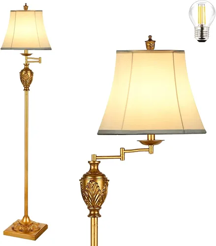 AIDENOEY Lámpara de pie LED tradicional con ajustable en 350°, lámpara de poste vintage con brazo oscilante para sala de estar, dormitorio y Dorado