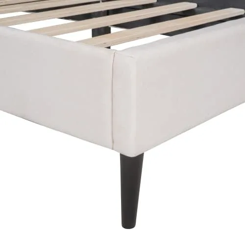 Miniatura 5 de Marco de cama de plataforma de tamaño individual, marco de cama tapizado de lino de diseño moderno con cabecera copetuda, cama de almacenamiento