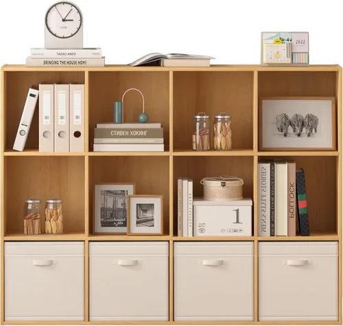 Miniatura 23 de Organizador de almacenamiento de 12 cubos, estantes de madera con panel trasero cerrado, estantería reversible, organizador de armario de cubos