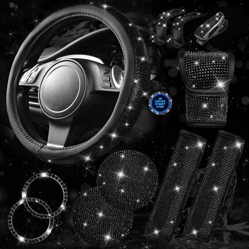 Miniatura 23 de CAR PASS Juego de fundas de asiento de coche con diamantes brillantes de 11 piezas, accesorios de coche con diamantes brillantes para mujer, funda