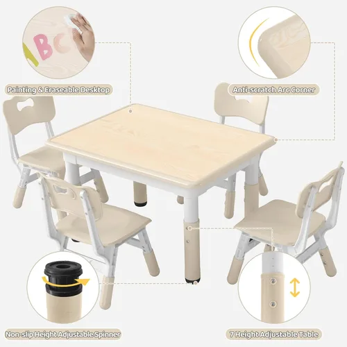 Miniatura 6 de DOREROOM Juego de Mesa y 4 Sillas para Niños de Altura Ajustable, Juego de Mesa y Silla para Niños Pequeños con Superficie de Grafiti, 31.5''L x