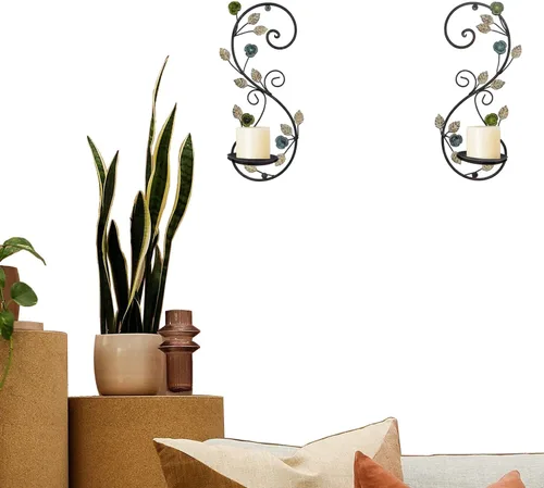 Miniatura 4 de Juego de 2 candelabros de pared, diseño de ramas de hojas multicolor antiguas, soporte de pared de metal para colgar velas para sala de estar