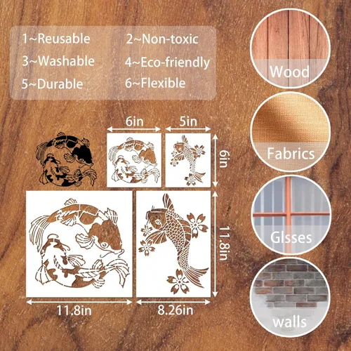 Miniatura 5 de Plantillas de peces koi reutilizables para pintar sobre madera, lienzo, paredes, decoración del suelo, proyectos de bricolaje (peces koi)