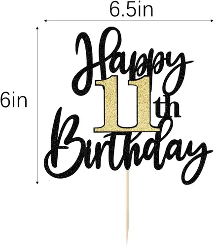 Miniatura 2 de Decoración para tartas de cumpleaños número 11 con purpurina negra y dorada, decoración de pastel de cumpleaños de 11 años y fabuloso cumpleaños