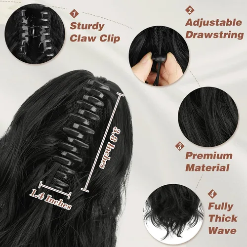 Miniatura 3 de BARSDAR Extensiones de cola de caballo con clip de garra, extensiones de cabello corto ondulado negro de 14 pulgadas para mujer, extensiones
