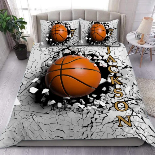 Miniatura 16 de Juego de ropa de cama personalizado de baloncesto tamaño individual, edredón deportivo personalizado con nombre y número para habitación de niños