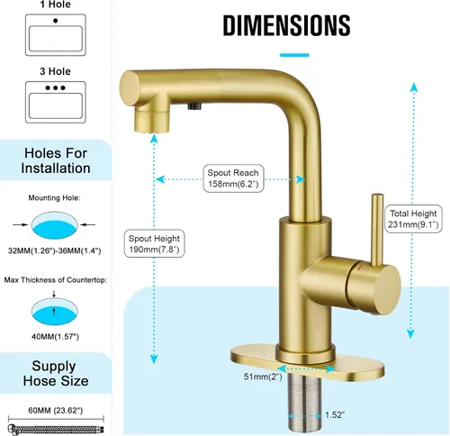 Miniatura 6 de CREA Grifo de Cocina Dorado con Pulverizador Extraíble - Grifo para Fregadero de Baño y Utilidad - Manija Única, 3 o 1 Agujero