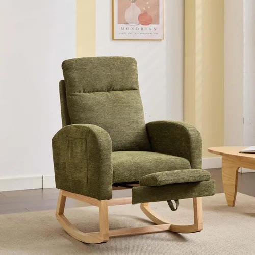 Miniatura 10 de Mecedora de lactancia de 40 pulgadas, sillas de guardería con reposapiés ajustable, respaldo alto, sillón tapizado con bolsillos laterales, mecedora