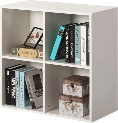 Miniatura 5 de Basicwise Estantería de madera moderna para almacenamiento de juguetes, 4 cubos, organizador cuadrado, color blanco