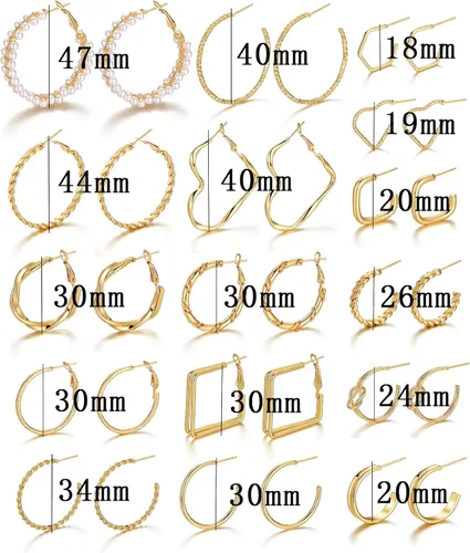 Miniatura 7 de IFKM Juego de 24 pares de aretes de aro dorados para mujeres y niñas, hipoalergénicos, de cadena gruesa, trenzados, abiertos, paquetes de aretes