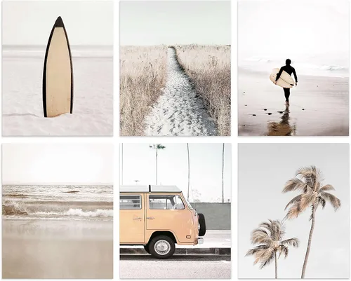 Miniatura 9 de Juego de 6 impresiones costeras para pared, diseño estético junto al mar, estrellas de mar, arena, paseo marítimo, olas del océano, pósteres