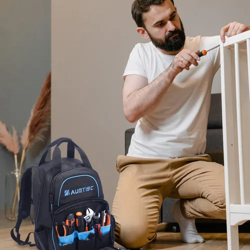 Miniatura 7 de AUMTISC Mochila de Herramientas para Hombres, Organizador de Almacenamiento de Herramientas de Servicio Pesado, Mochila de Bolsas de Trabajo