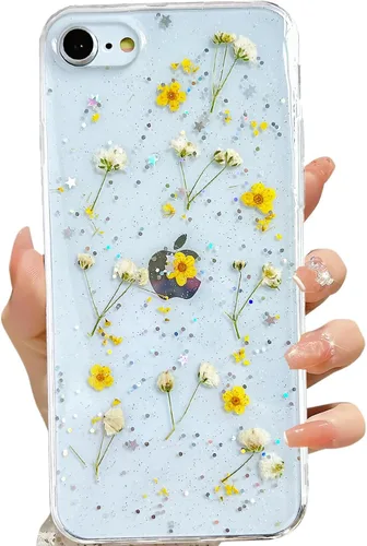 Miniatura 36 de LSEEKA Funda transparente para iPhone 13 Mini/iPhone 12 Mini con diseño de flores reales prensadas, con purpurina, bonito patrón floral blanco, Oro