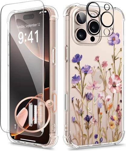 Miniatura 25 de GVIEWIN - Funda floral para iPhone 14 de 6.1 pulgadas, protector de pantalla + protector de lente de cámara, no se amarillenta, a prueba de golpes